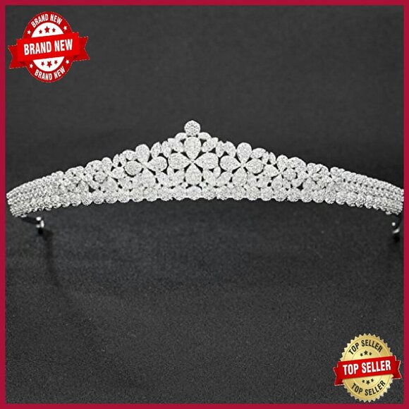 Platinum Plated Copper Wedding Tiara Crown with CZ Flowers - Picture 4 of 8